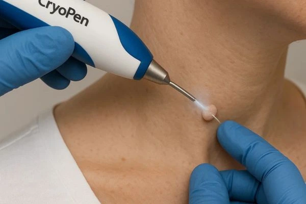 Person receiving Cryotherapy skin tag removal Slough