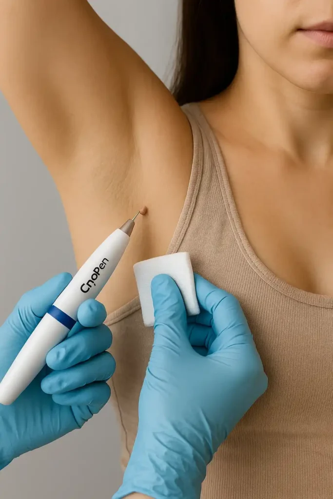 woman having cryopen to remove underarm skin tags Slough