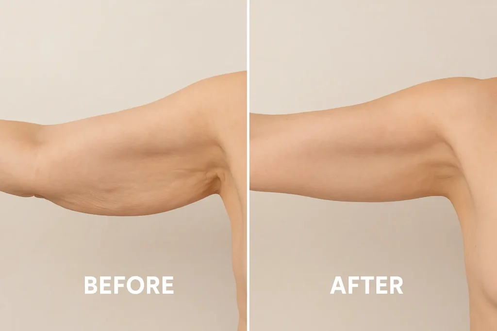 Picture of LA LIPO Slough before and after results of skin tightening treatment on the upper arms.