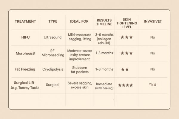 Table showing the comparisons of Skin tightening Slough treatment options.